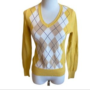 Retro Twenty One Mustard Yellow White Tan Argyle Plaid Vneck Sweater S